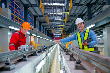 Professional engineer with smiling hold tablet and point to technician worker near railroad tracks of electrical or sky train in factory workplace.