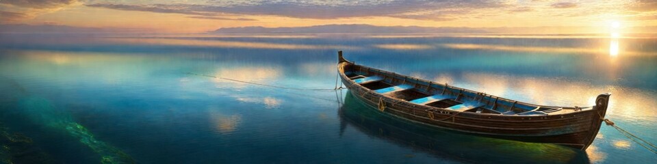Fototapeta premium Abstract banner boat on river at sunset, background for social media and for your design 
