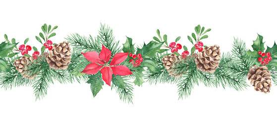 Fototapeta na wymiar Horizontal watercolor Christmas border pattern. Hand drawn illustration. Pine cone and branches, Holly plant with red berries, poinsettia, cowberry, lingonberry. Can be used for fabric, packaging