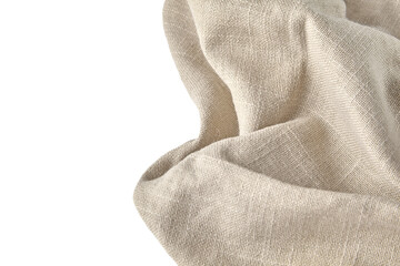 Table towel made of rough beige linen fabric isolated on a white background. Wavy texture of a kitchen napkin