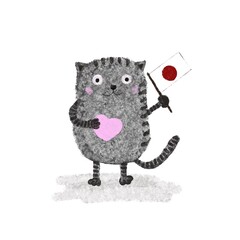 Independence Day Postcard. A cute gray kitten holds the flag of Japan in its paws. Flat illustration. White background. Patriotic character. National holiday.