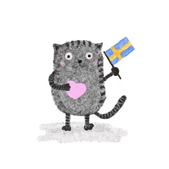 Independence Day Postcard. A cute gray kitten holds the flag of Sweden in its paws. Flat illustration. White background. Patriotic character. National holiday.