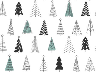 Seamless pattern of abstract geometric Christmas trees. Doodle hand drawn spruce pine fir. Winter holiday background. Christmas forest ornament
