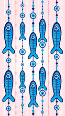 Vector cartoon style seamless pattern background with variety of turkish blue eye-shaped amulets fish, nazar talismans.