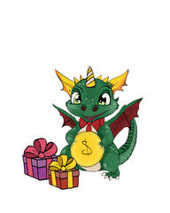 gift card template with cute green dragon holding gold coin with dollar sign near Christmas tree and gift box on beige background with copy space