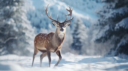 Naklejka na ściany i meble a deer prancing gracefully through a snow covered meadow serene winter scene generative AI