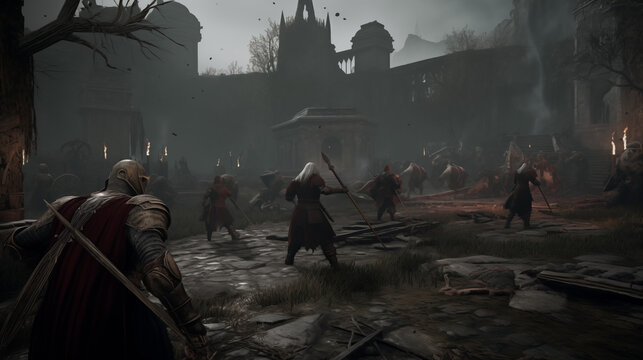 Fantasy battle in ancient church