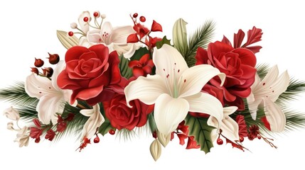 a festive floral centerpiece with amaryllis, roses, and pine sprigs, natural holiday palette, vector, graphic design, white background, generative AI