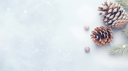Winter background with fir branches cones and snow.