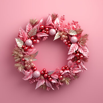 Pink Christmas wreath on pink background. Minimalistic concept. Copy space. Decorations. Flat lay