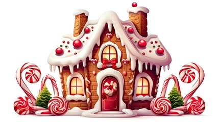 a gingerbread house decorated with gumdrops and candy canes, storybook fantasy, vector, graphic design, white background, generative AI