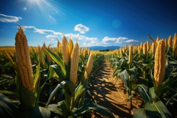 Sunset over a corn field with mountains in the background and blue sky. Agriculture concept with a copy space. - obrazy, fototapety, plakaty