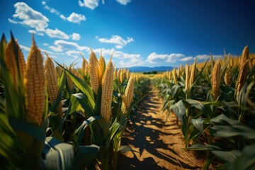 Agricultural field of young corn with blue sky and sun. Agriculture concept with a copy space. - obrazy, fototapety, plakaty