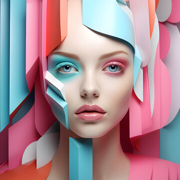 Fototapeta A beautiful modern portrait of a girl in blue and pink color. Background of futuristic pop art geometric shapes