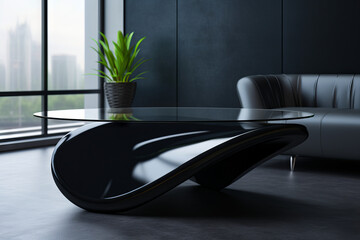Black table with plant in vase on top.