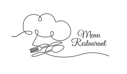 Continuous one single line drawing of fork, spoon and chef hat or cap . Restaurant menu. Menu food design. Illustration with quote template. Can used for menu restaurant sketch