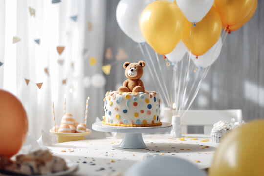 Creative baby shower cake, copy space, balloons celebration in background, Generative AI