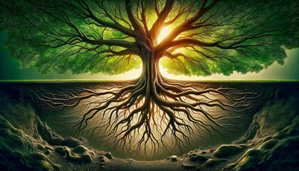 tree showcasing above and below connection, generative ai