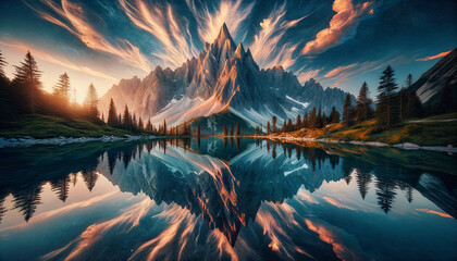 majestic peak mirrored in tranquil waters, generative ai