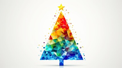 an abstract geometric christmas tree made from overlapping triangles and starbursts in bright primaries - red, green, blue, yellow, vector, graphic design, white background, generative AI - obrazy, fototapety, plakaty