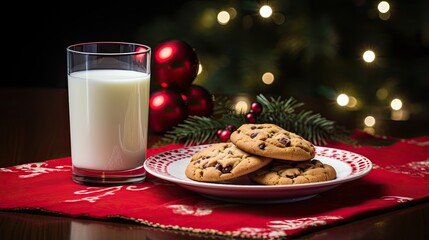 a plate of cookies and glass of milk by the tree santa tradition generative AI