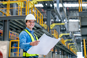 Portrait of professional engineer hold construction chart or plan and look at camera with smiling in electrical or sky train factory workplace.
