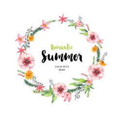 Floral wreath with summer flowers. Watercolour circle frame. Modern Watercolour Floral Frame.