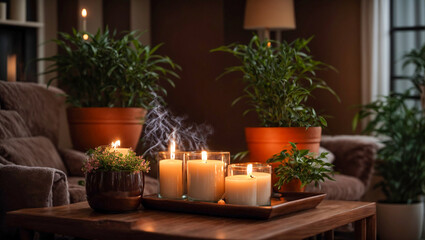 Fototapeta na wymiar Candles in the living room, flowerpots