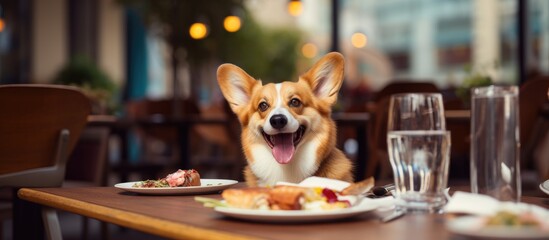 Corgi waits tongue out in dog friendly restaurant anticipating food on empty plate