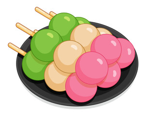 Fototapeta na wymiar Dango dessert. Japanese street food menu illustration vector. Japanese desserts dango (Hanami, Mitarashi, Bocchan) Hanami Dango. Chewy sweet, flavoured rice balls. Dango rice dumplings skewers.