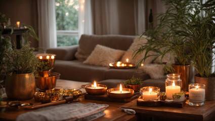 Candles in the living room, flowerpots