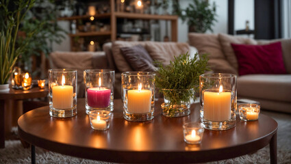 Fototapeta na wymiar Candles in the living room, flowerpots