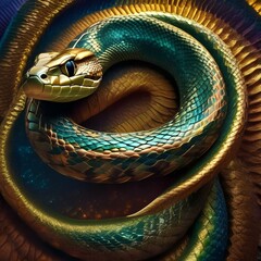 A radiant, star-born serpent with scales that shimmer like distant galaxies, coiled around cosmic treasures4