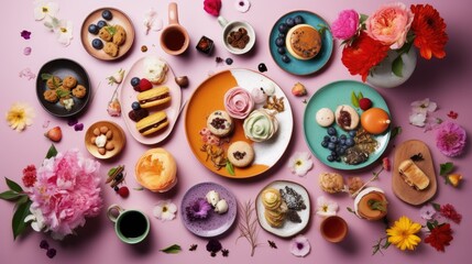  Group of tasty food with fresh flowers on color background