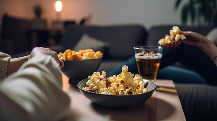  Homemade Popcorn shrimps breaded with cornmeal | Game day appetizer, selective focusTop View Apartment: Happy Couple Watching Television in the Stylish Living Room. Looking at the TV Display and Eati - obrazy, fototapety, plakaty