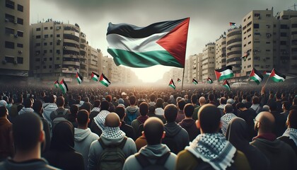 Palestinian people in anti war protest with Palestinian flag on the streets, save Palestine concept background