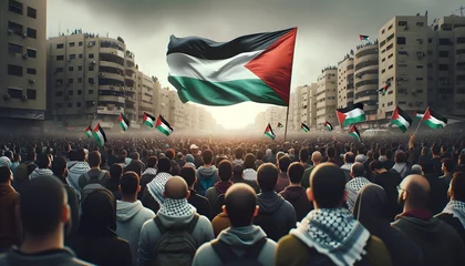 Fotobehang Palestinian people in anti war protest with Palestinian flag on the streets, save Palestine concept background © Karlo