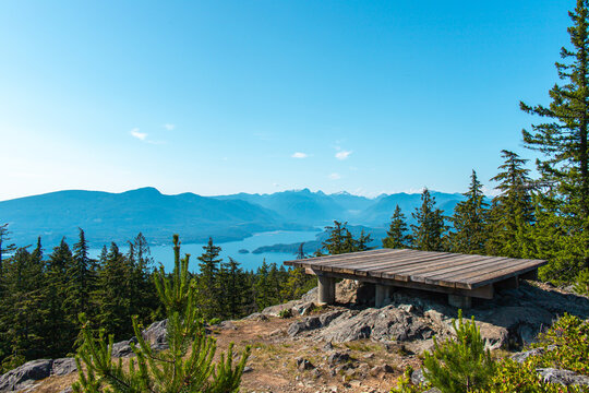 Beautiful view of the ocean and islands from the top of Mount Gardner, Bowen Island, British Columbia, Canada. Mt. Gardner is the highest point on Bowen Island.