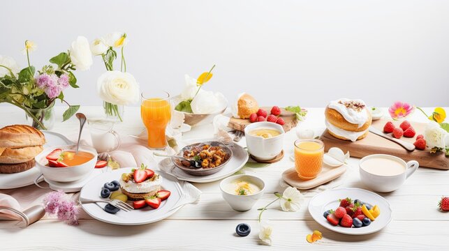  Mothers day Brunch restaurant invitation concept. Womans Day Menu background, with traditional breakfast and lunch food and drink set, with flowers on sunny white wooden background