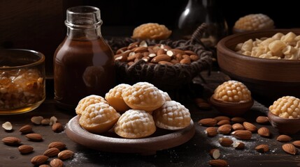  Panellets, a traditional sweet from Catalonia, Spain, prepared to be eaten on November 1, All Saints' Day. Sweet dough made with sugar, ground raw almonds, egg, sugar, sugared almonds, 