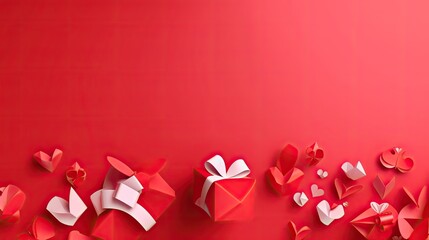  Paper art Valentine's day concept banner with hand made gift box, paper cut ribbon, bow, and a lot of hearts on a red background with space for text. 