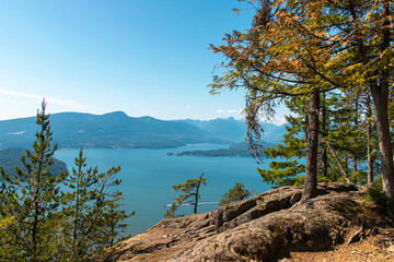 Fototapeta na wymiar Beautiful view of the ocean and islands from the top of Mount Gardner, Bowen Island, British Columbia, Canada. Mt. Gardner is the highest point on Bowen Island.