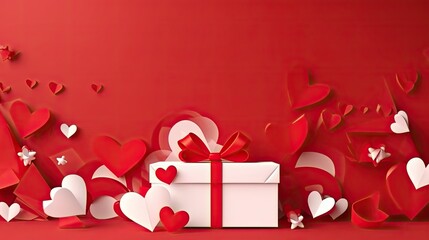  Paper art Valentine's day concept banner with hand made gift box, paper cut ribbon, bow, and a lot of hearts on a red background with space for text. 