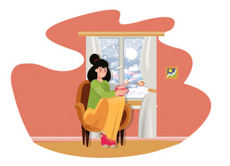 Woman sitting in the armchair covered in blanket holding hot drink. Freezing at home. Cozy home in winter. Flat vector illustration.