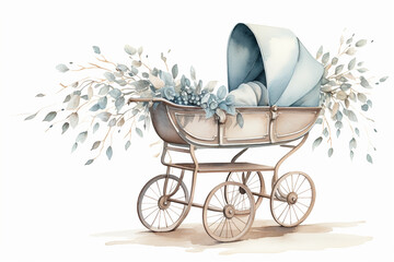 a simple watercolor baby carriage decorated with leaves and eucalyptus, Generative AI
