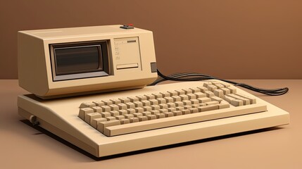  Retro personal computer manufactured with monitor, keyboard and mouse, isolated on beige background