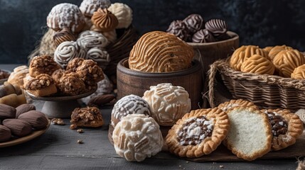 Fototapeta na wymiar some different confections typicaly eaten in Spain on All Saints Day, such as Panellets, Huesos de Santo or Yemas de Santa Teresa, on a gray rustic table