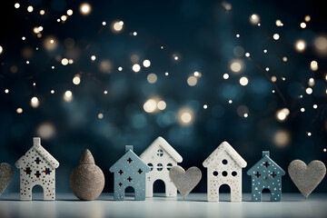 Abstract blue houses, winter christmas snowing background