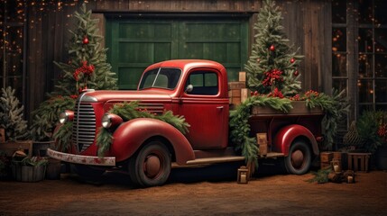 a vintage truck loaded down with christmas evergreen trees rustic and charming  generative AI