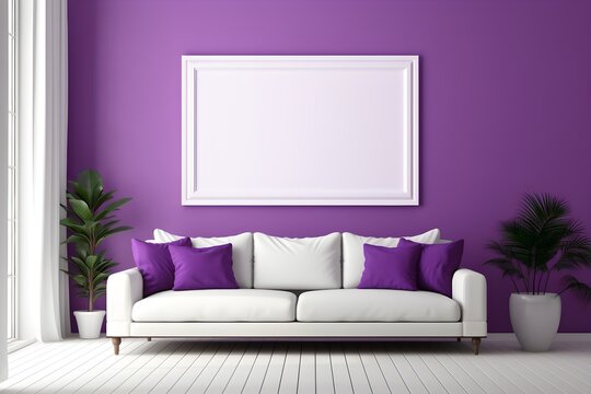 Simple purple interior room with empty poster on the wall